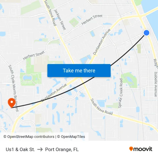 Us1 & Oak St. to Port Orange, FL map