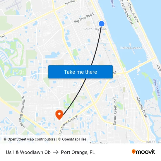 Us1 & Woodlawn Ob to Port Orange, FL map