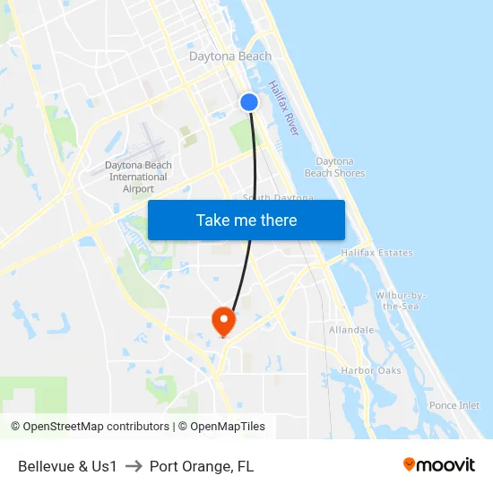 Bellevue & Us1 to Port Orange, FL map