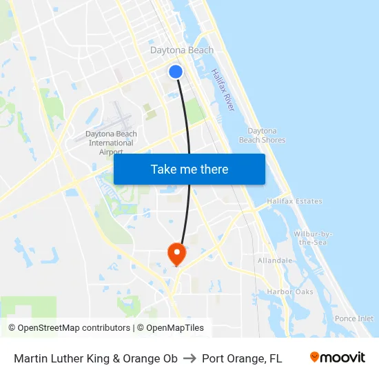 Martin Luther King & Orange Ob to Port Orange, FL map