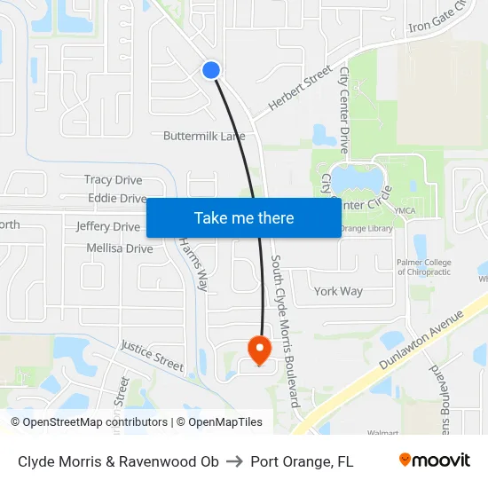 Clyde Morris & Ravenwood Ob to Port Orange, FL map