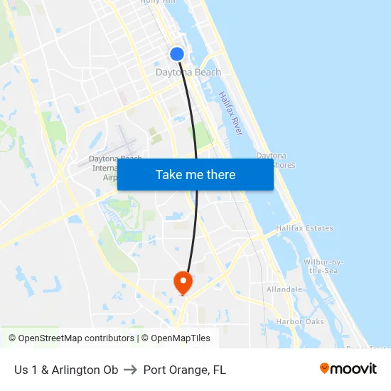 Us 1 & Arlington Ob to Port Orange, FL map