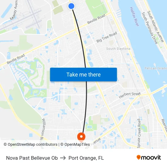 Nova Past Bellevue Ob to Port Orange, FL map