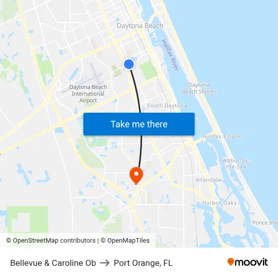 Bellevue & Caroline Ob to Port Orange, FL map