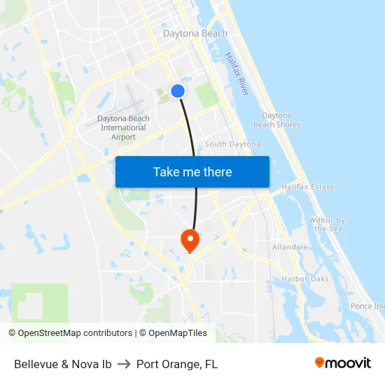 Bellevue & Nova Ib to Port Orange, FL map