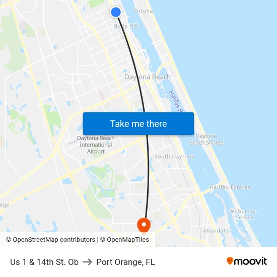 Us 1 & 14th St. Ob to Port Orange, FL map