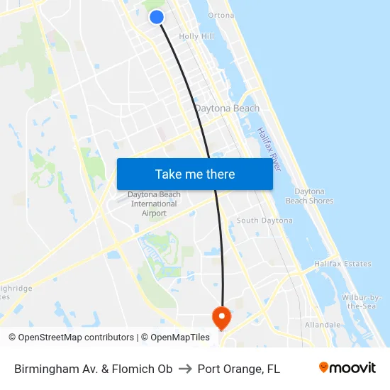 Birmingham Av. & Flomich Ob to Port Orange, FL map