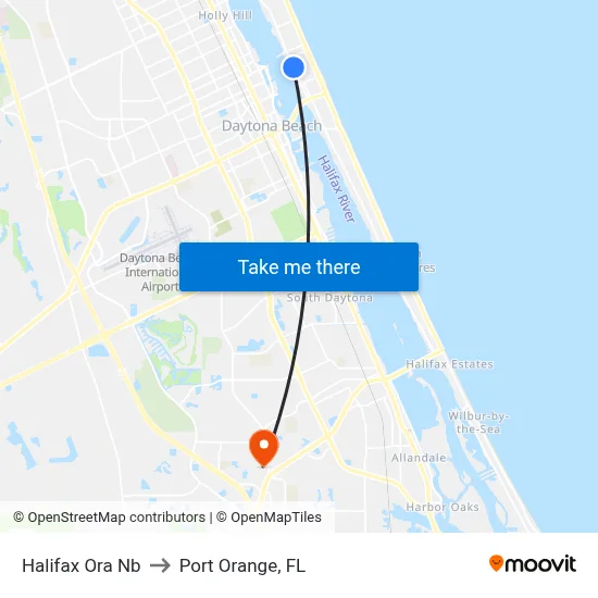 Halifax  Ora Nb to Port Orange, FL map