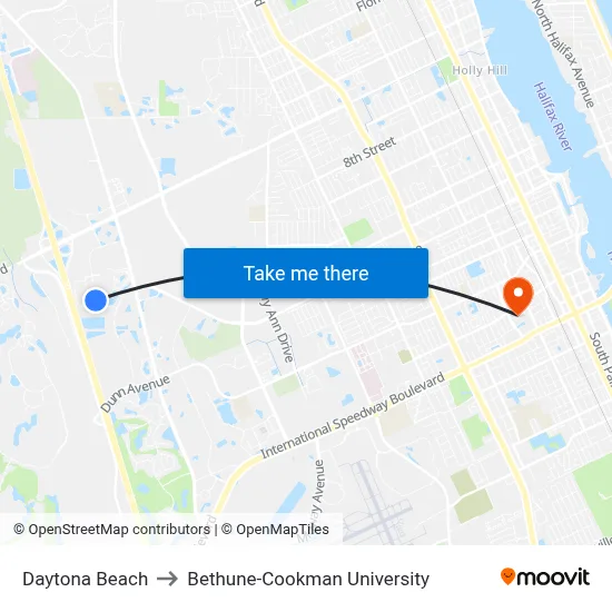 Daytona Beach to Bethune-Cookman University map
