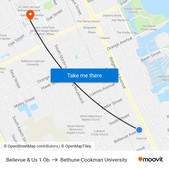 Bellevue & Us 1 Ob to Bethune-Cookman University map