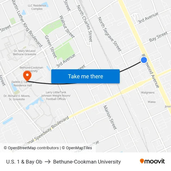 U.S. 1 & Bay Ob to Bethune-Cookman University map