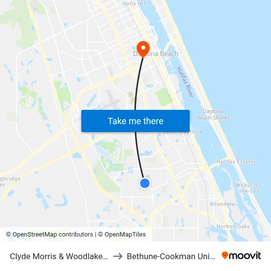 Clyde Morris & Woodlake Dr. Ob to Bethune-Cookman University map