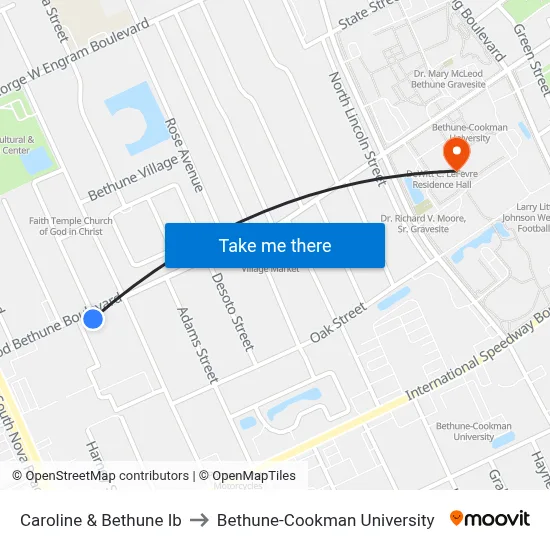 Caroline & Bethune Ib to Bethune-Cookman University map