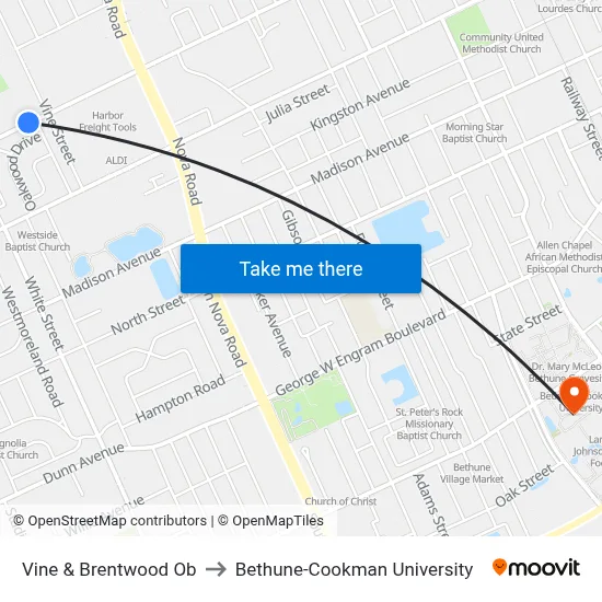 Vine & Brentwood Ob to Bethune-Cookman University map