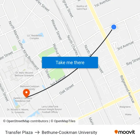 Transfer Plaza to Bethune-Cookman University map