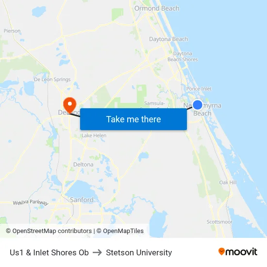 Us1 & Inlet Shores Ob to Stetson University map