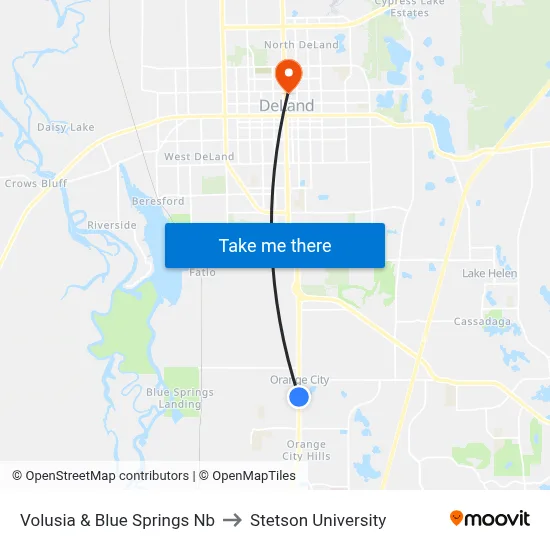 Volusia & Blue Springs Nb to Stetson University map