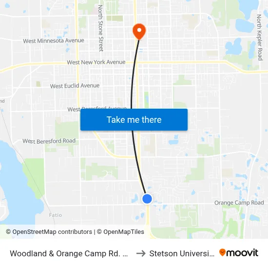 Woodland & Orange Camp Rd. Nb to Stetson University map