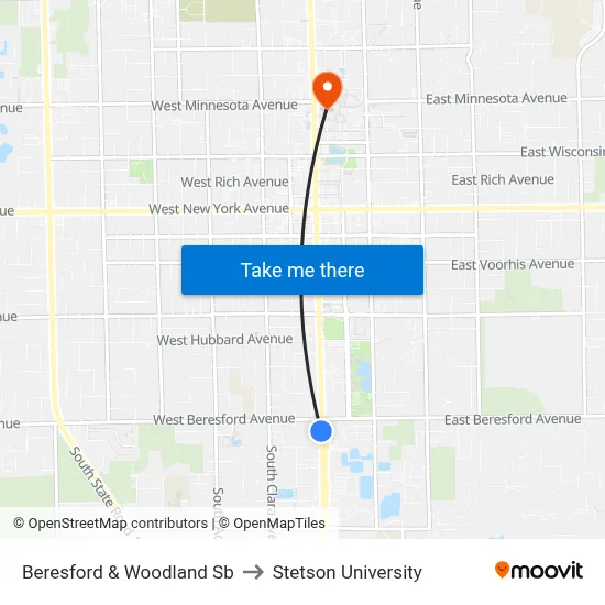 Beresford & Woodland Sb to Stetson University map