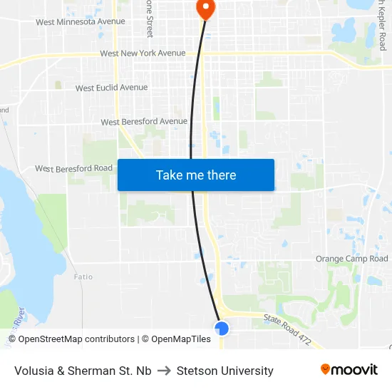 Volusia & Sherman St. Nb to Stetson University map