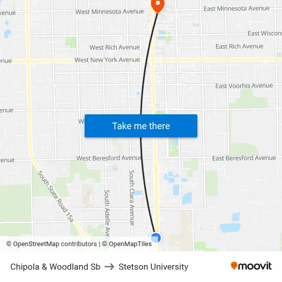 Chipola & Woodland Sb to Stetson University map