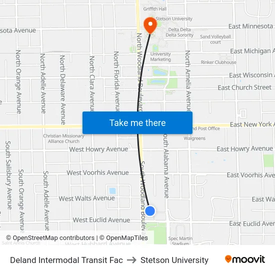 Deland Intermodal Transit Fac to Stetson University map
