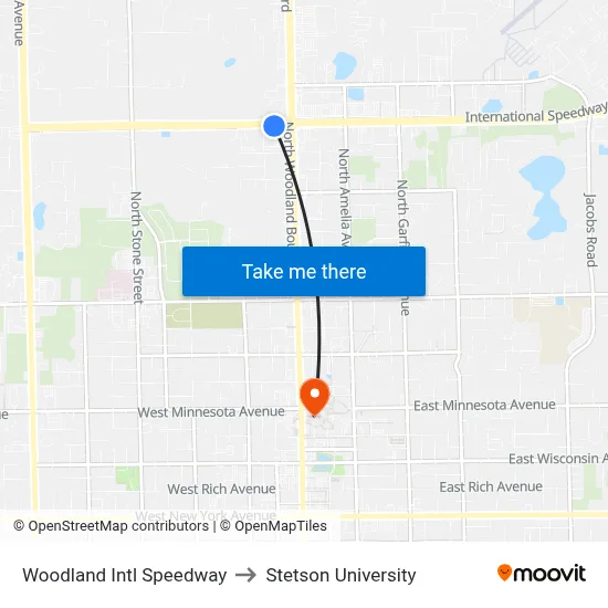 Woodland  Intl Speedway to Stetson University map
