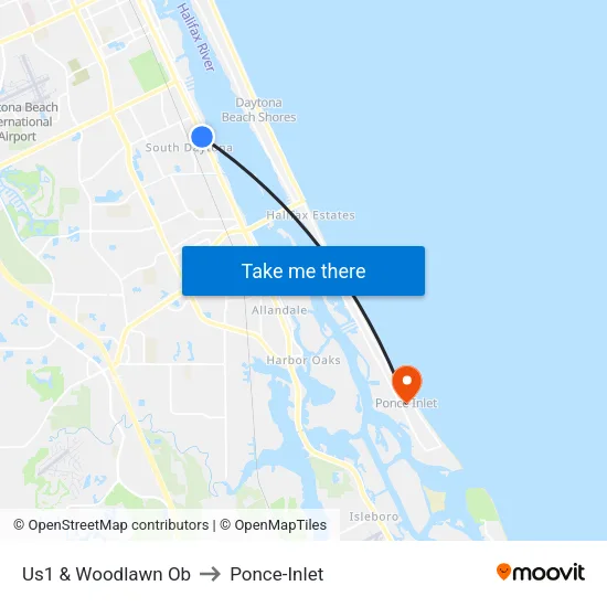 Us1 & Woodlawn Ob to Ponce-Inlet map