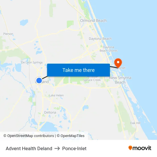 Advent Health Deland to Ponce-Inlet map