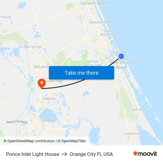 Ponce Inlet Light House to Orange City FL USA map