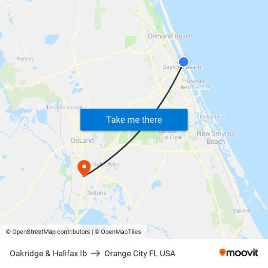 Oakridge & Halifax Ib to Orange City FL USA map