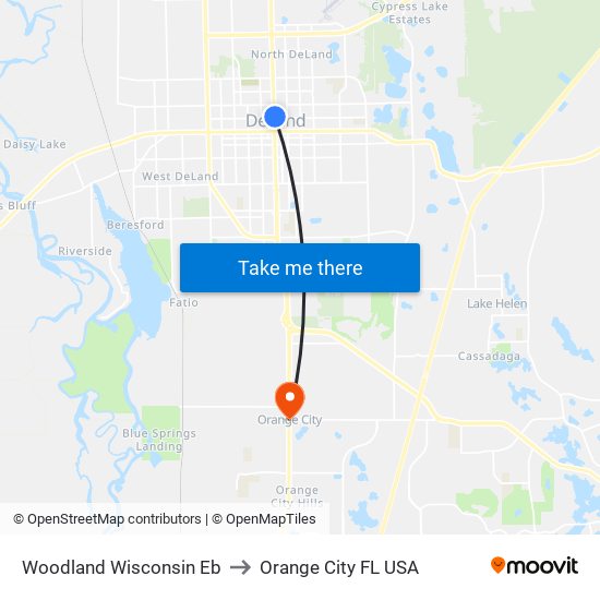 Woodland  Wisconsin Eb to Orange City FL USA map