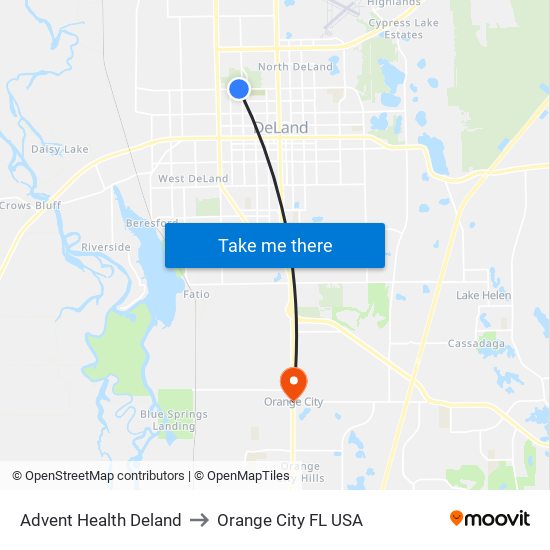 Advent Health Deland to Orange City FL USA map