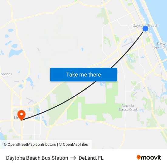 Daytona Beach Bus Station to DeLand, FL map