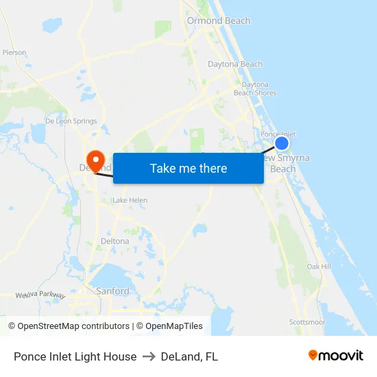 Ponce Inlet Light House to DeLand, FL map