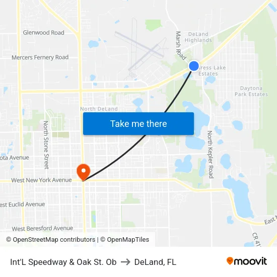 Int'L Speedway & Oak St. Ob to DeLand, FL map