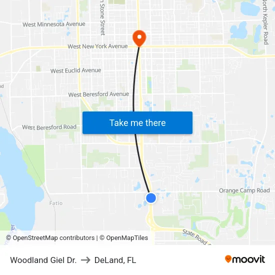Woodland  Giel Dr. to DeLand, FL map