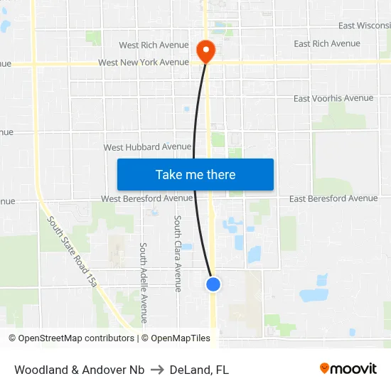 Woodland & Andover Nb to DeLand, FL map
