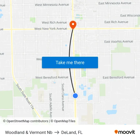 Woodland & Vermont Nb to DeLand, FL map