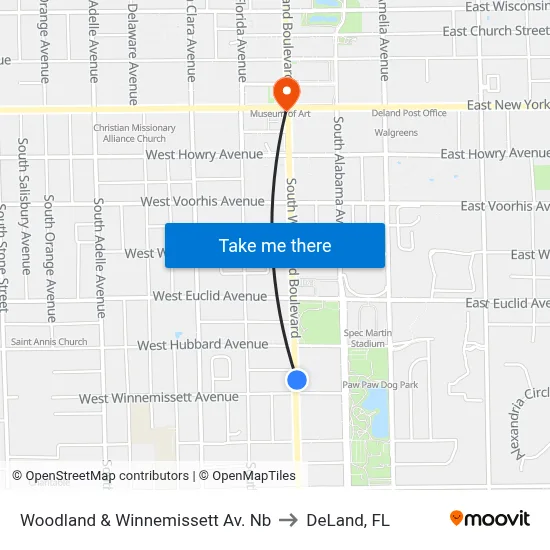 Woodland & Winnemissett Av. Nb to DeLand, FL map