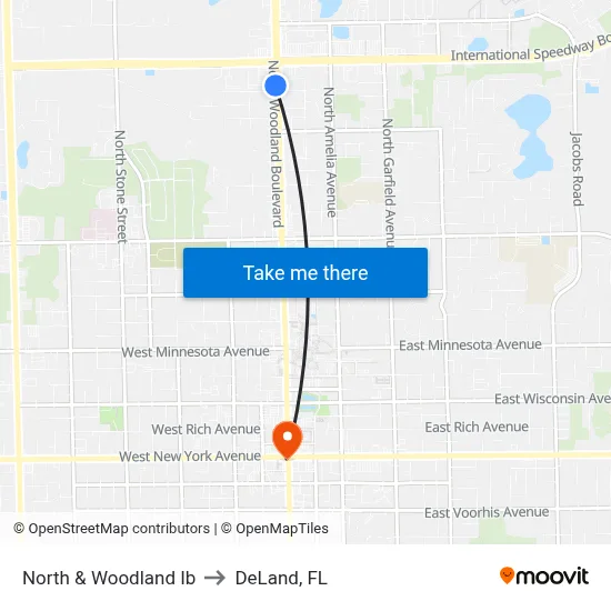 North & Woodland Ib to DeLand, FL map
