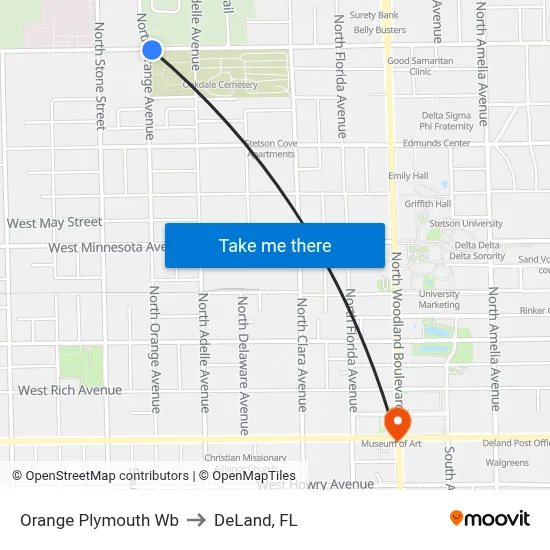 Orange  Plymouth Wb to DeLand, FL map