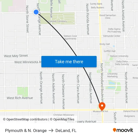 Plymouth & N. Orange to DeLand, FL map