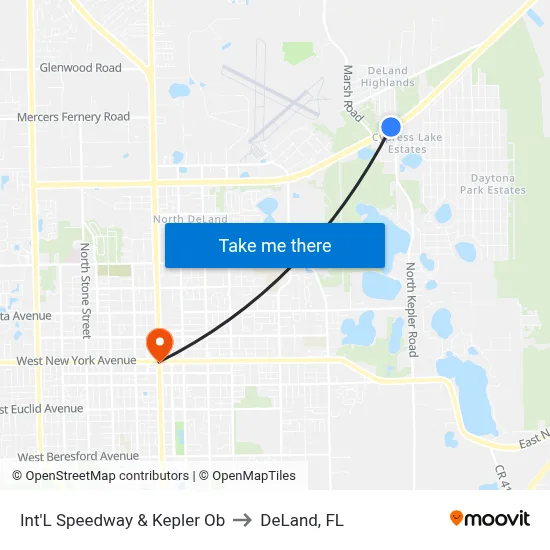 Int'L Speedway & Kepler Ob to DeLand, FL map