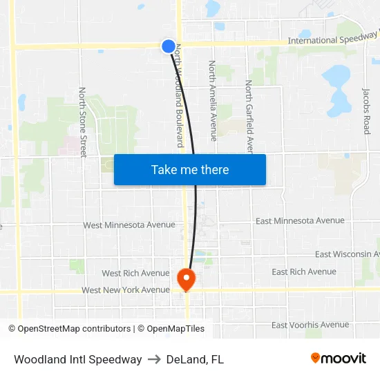 Woodland  Intl Speedway to DeLand, FL map
