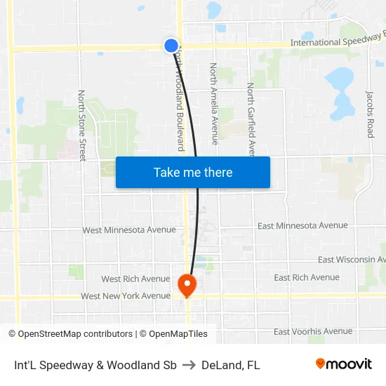 Int'L Speedway & Woodland Sb to DeLand, FL map