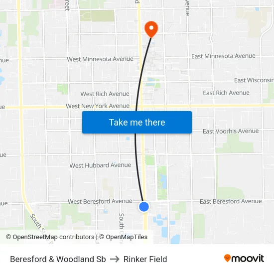 Beresford & Woodland Sb to Rinker Field map