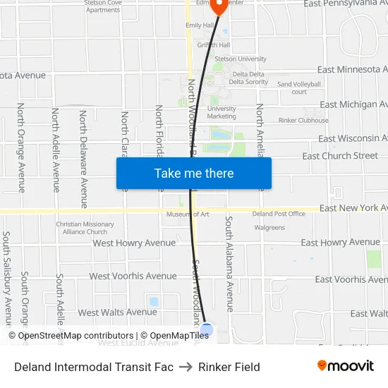Deland Intermodal Transit Fac to Rinker Field map