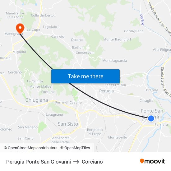Perugia Ponte San Giovanni to Corciano map