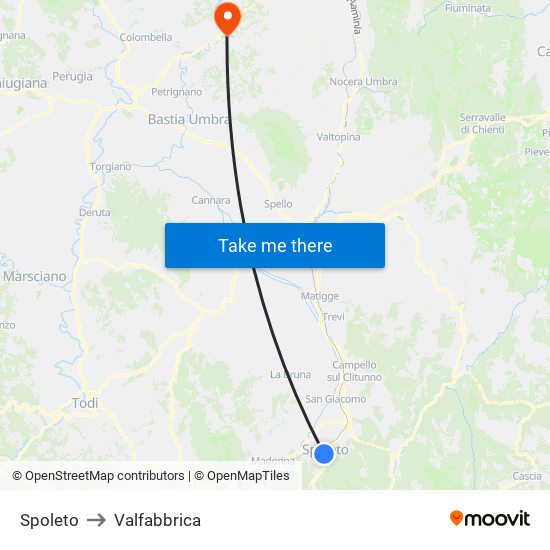 Spoleto to Valfabbrica map